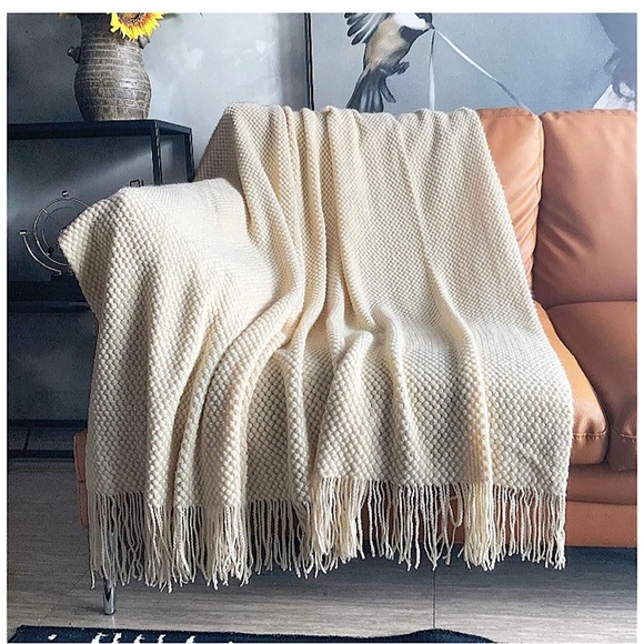 Urban Outfitters Other - Cream Neutral Farmhouse Cozy Knit Fringe Bohemian Cute Throw Blanket for Bedroom